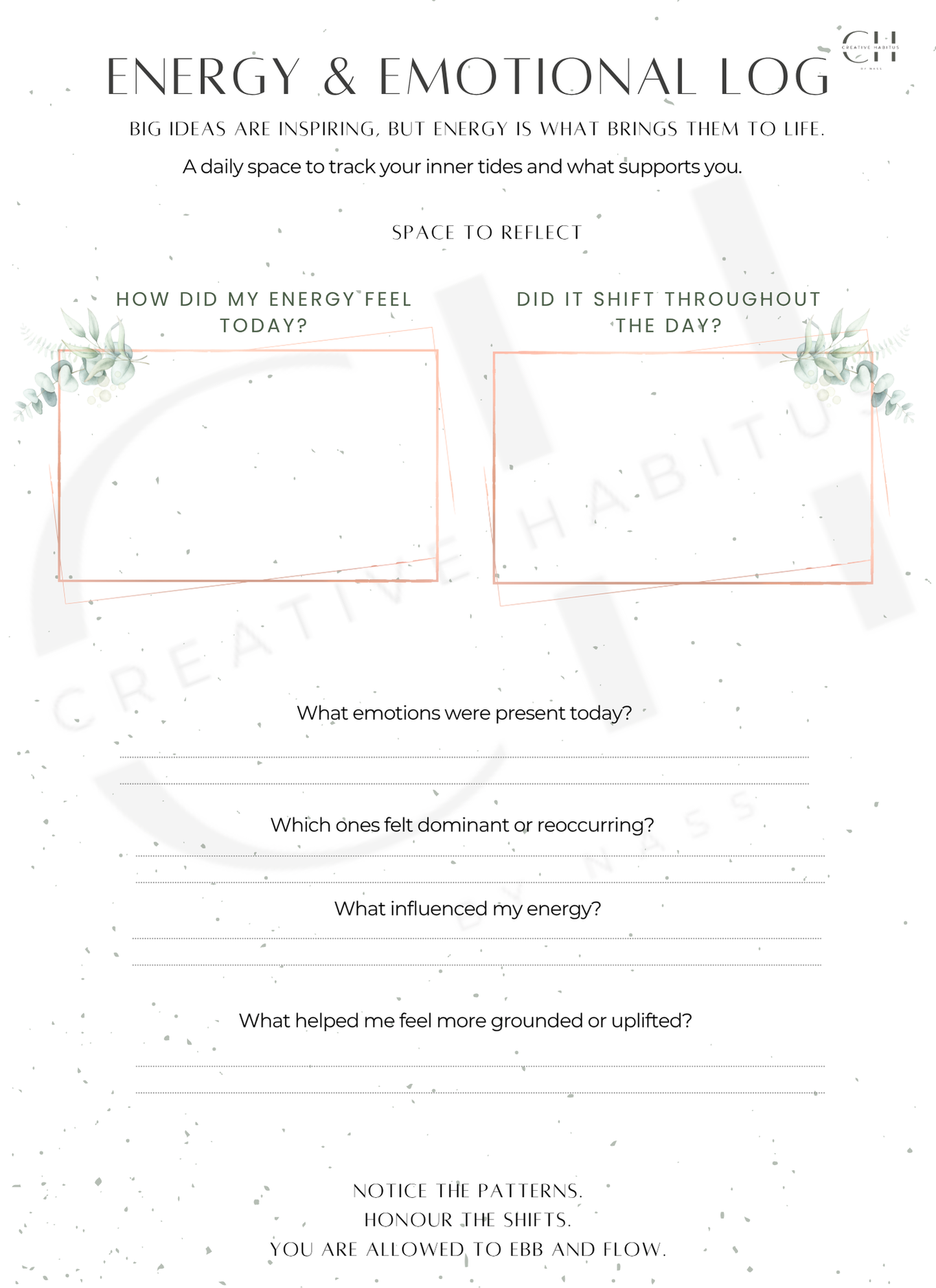 Energy and emotional tracking worksheet with space to reflect on shifts, influences, and grounding practices.