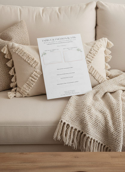 Energy and emotional tracking worksheet with space to reflect on shifts, influences, and grounding practices placed on a white couch with a boho fringe lumbar pillow beige and a tweed beige blanket. 