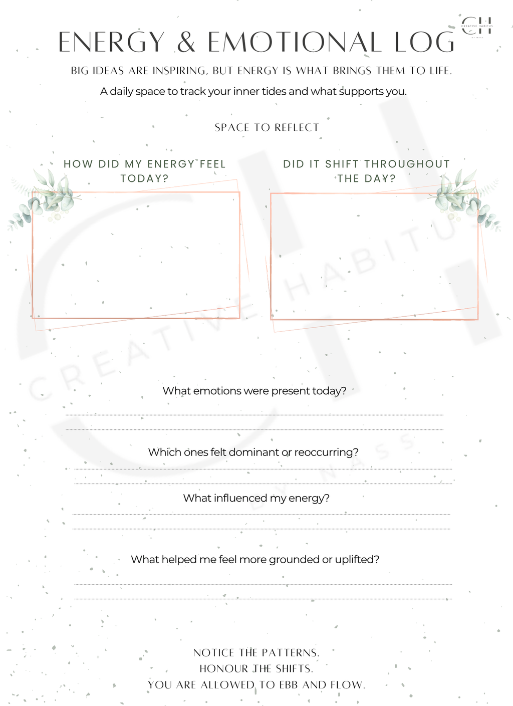 Energy and emotional tracking worksheet with space to reflect on shifts, influences, and grounding practices.