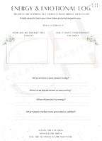 Energy and emotional tracking worksheet with space to reflect on shifts, influences, and grounding practices.