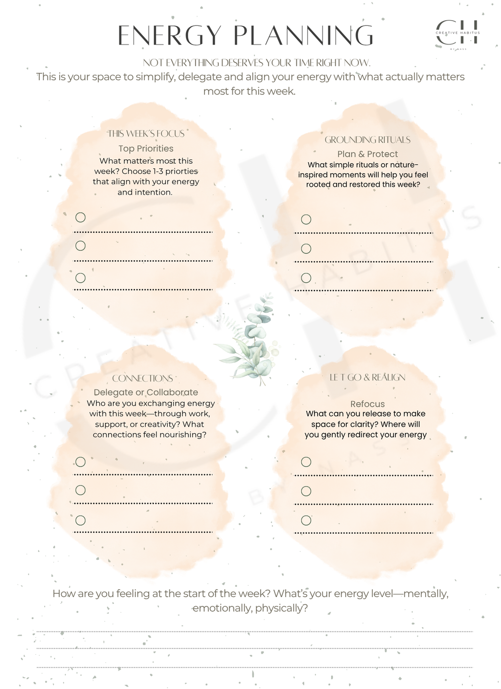 Energy planning worksheet with prompts for daily activities on a light background