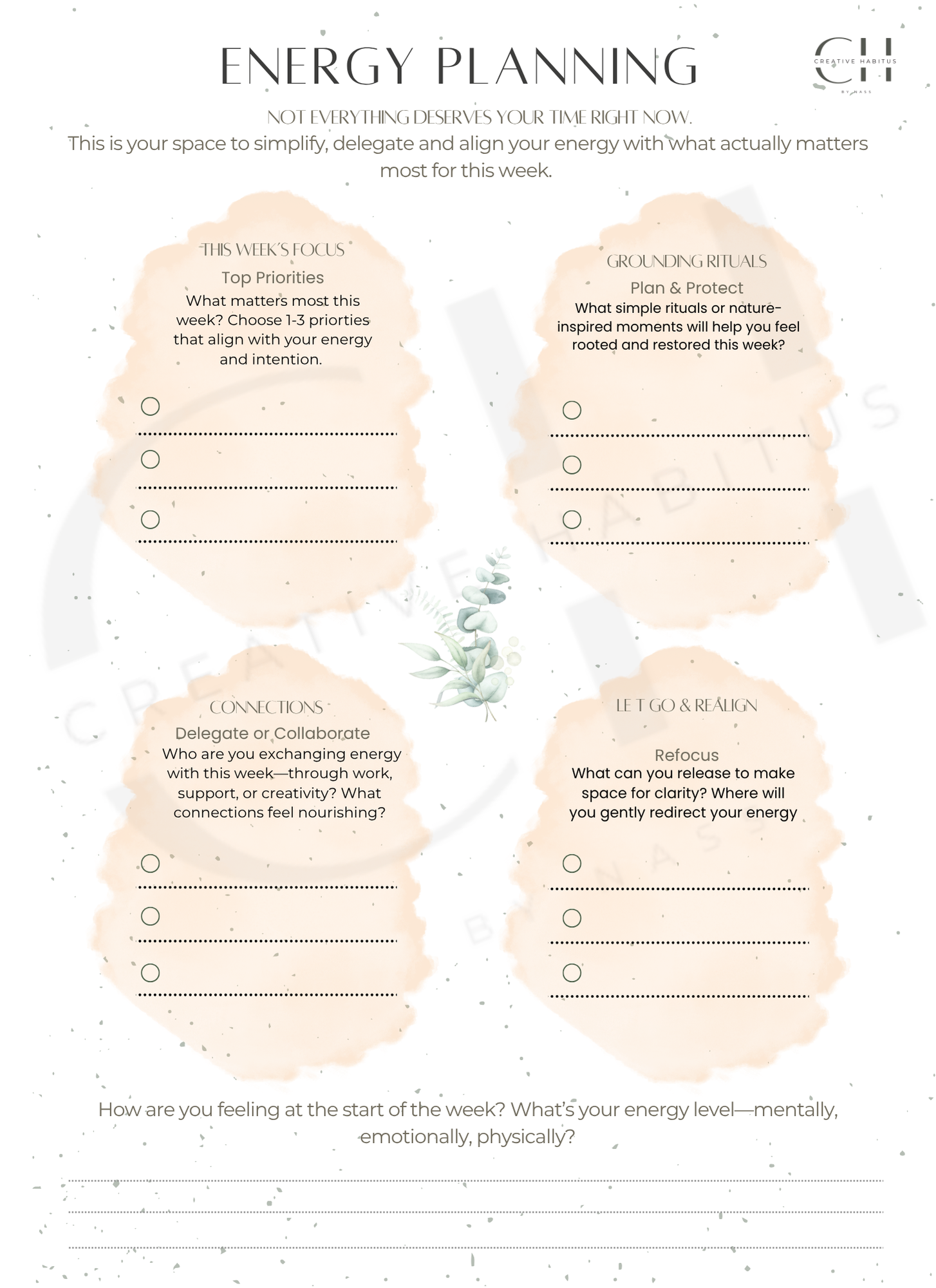 Energy planning worksheet with prompts for daily activities on a light background