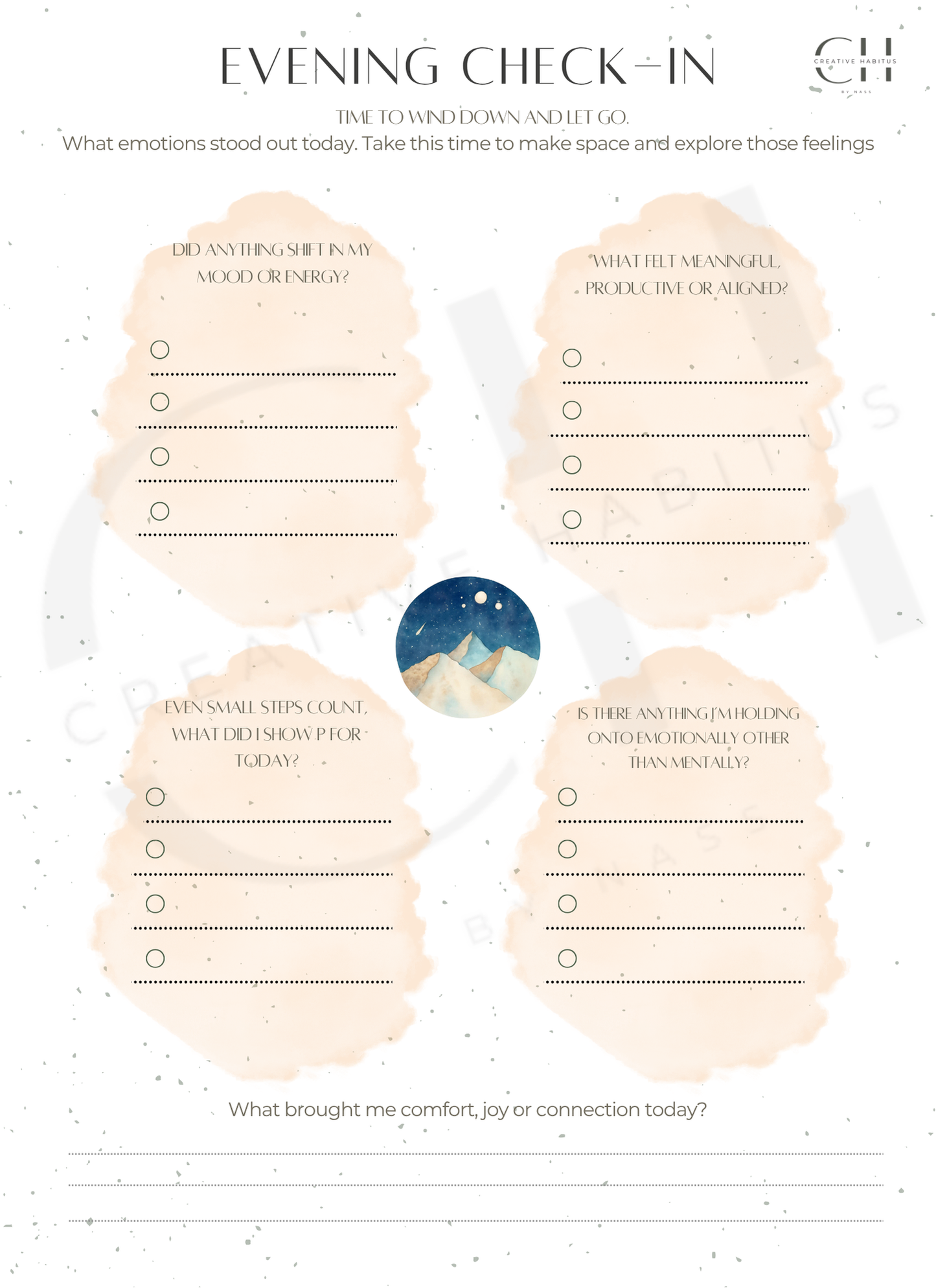 Evening reflection worksheet with prompts for mood shifts, meaningful actions, and emotional needs.