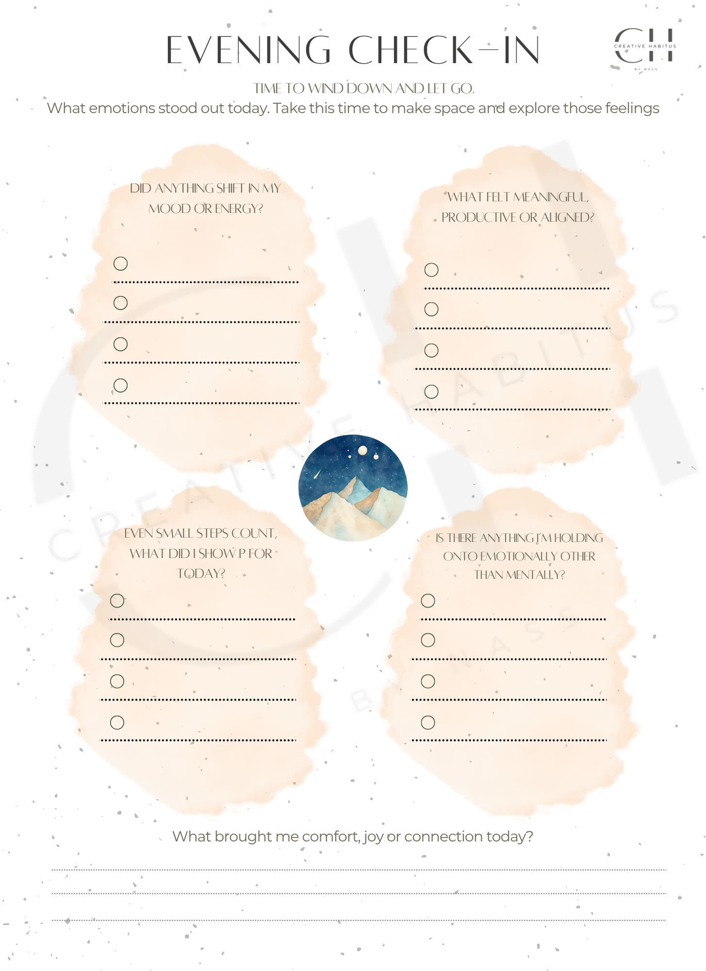 Evening reflection worksheet with prompts for mood shifts, meaningful actions, and emotional needs.