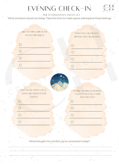 Evening reflection worksheet with prompts for mood shifts, meaningful actions, and emotional needs.