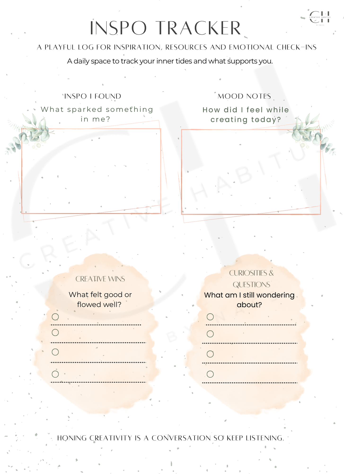 A playful log for tracking inspiration, mood, creative wins, and lingering questions during your process.