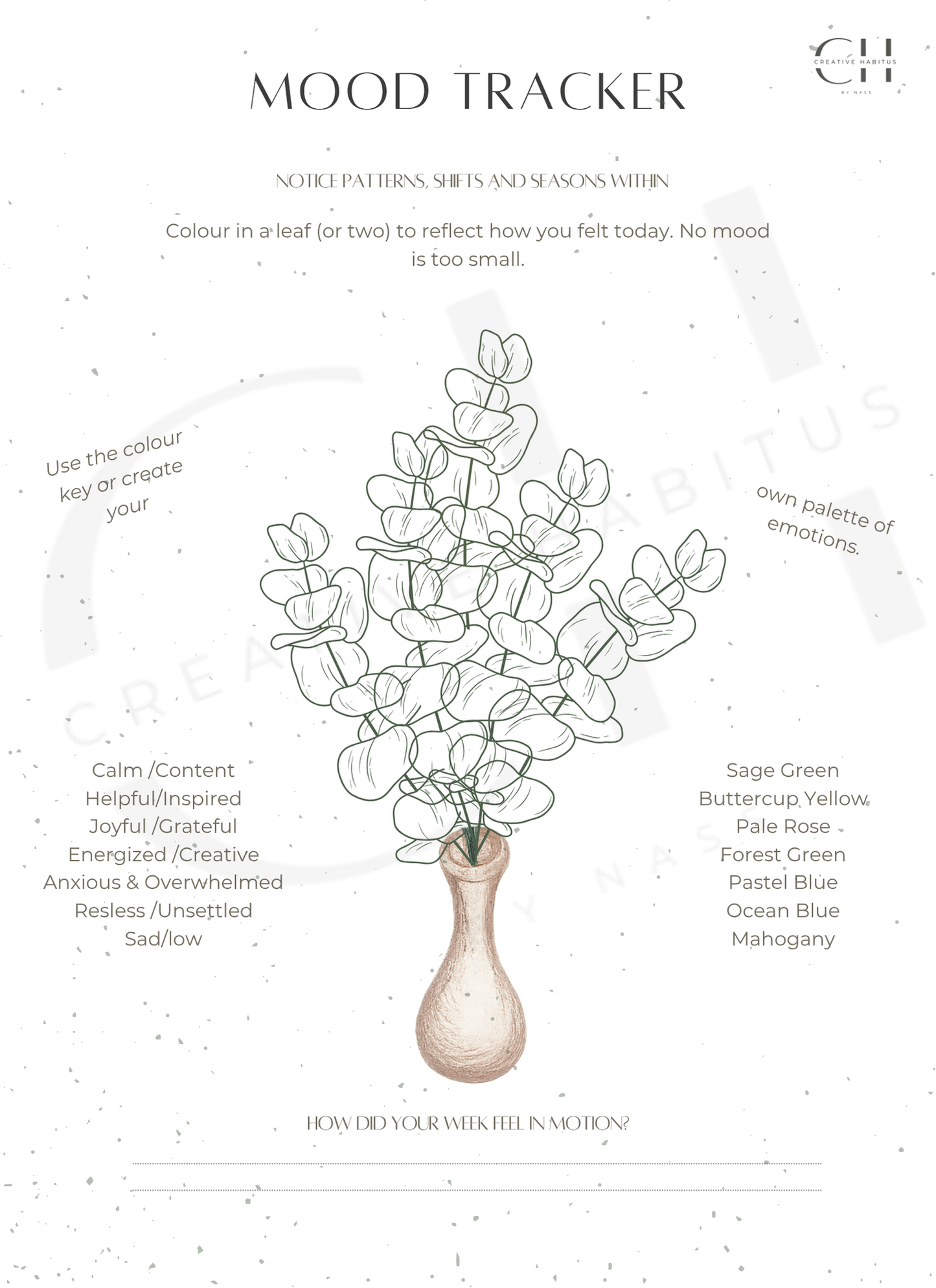 Printable mood tracker with leaf illustration and color-coded palette for emotional awareness and pattern tracking.
