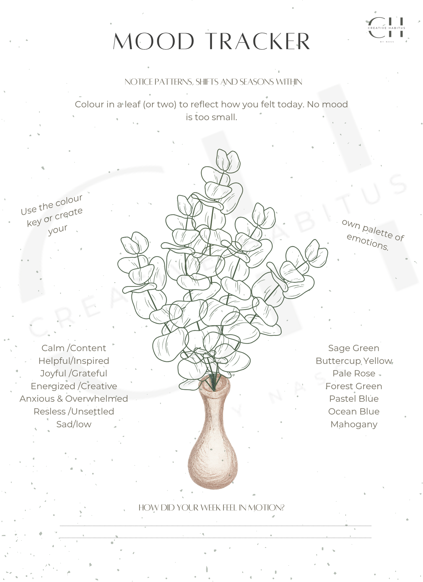 Printable mood tracker with leaf illustration and color-coded palette for emotional awareness and pattern tracking.