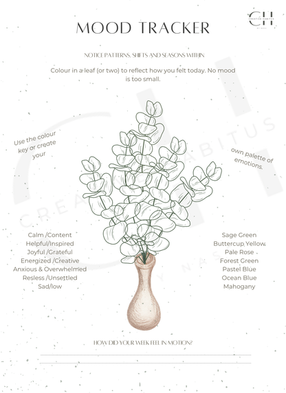 Printable mood tracker with leaf illustration and color-coded palette for emotional awareness and pattern tracking.