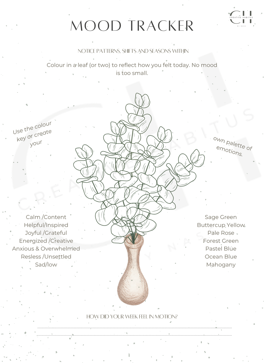 Printable mood tracker with leaf illustration and color-coded palette for emotional awareness and pattern tracking.