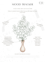 Printable mood tracker with leaf illustration and color-coded palette for emotional awareness and pattern tracking.