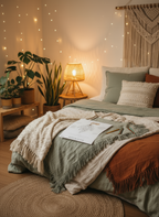 Printable mood tracker with leaf illustration and color-coded palette for emotional awareness and pattern tracking. Placed on the bedding of a boho designed bedroom with twinkle lights and a fabric wall hanging. 