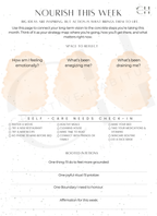 Self-care planning sheet with reflective questions and check-in sections on a white background.