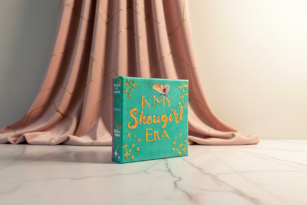 Turquoise book with gold text and decorative elements on a wooden surface