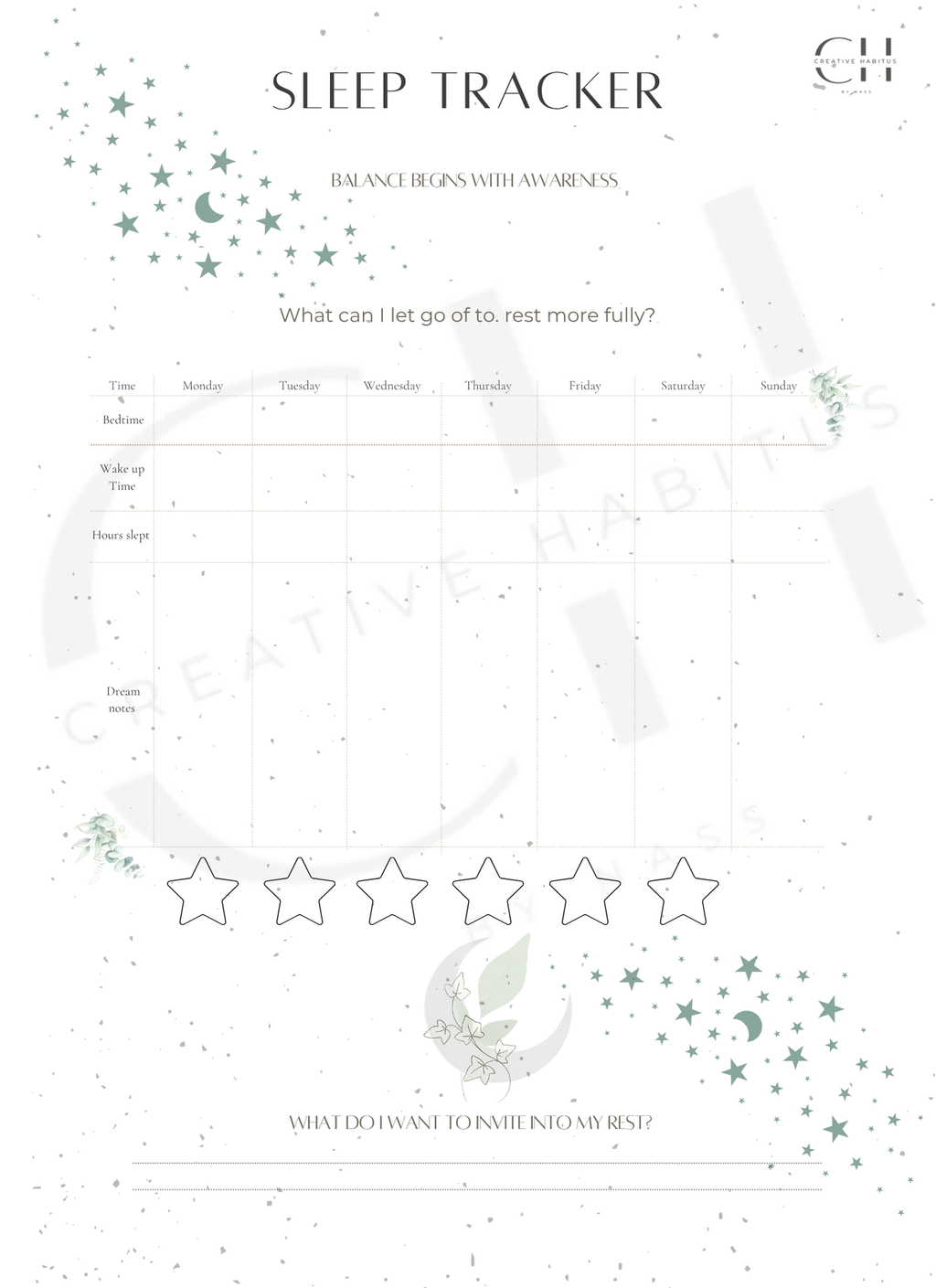 Sleep tracking worksheet with bedtime log, sleep quality rating, and prompts for restful rituals.