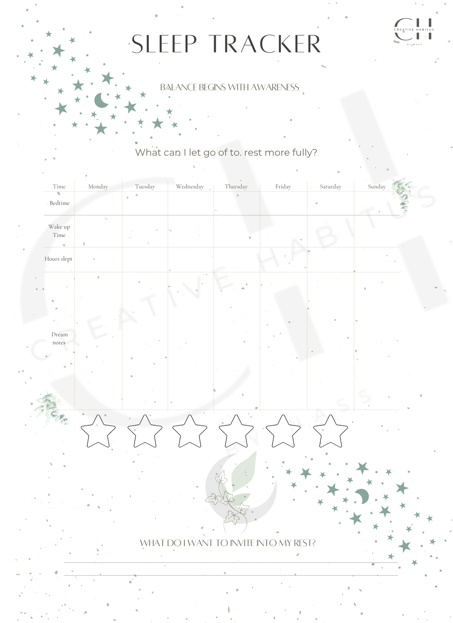 Sleep tracking worksheet with bedtime log, sleep quality rating, and prompts for restful rituals.