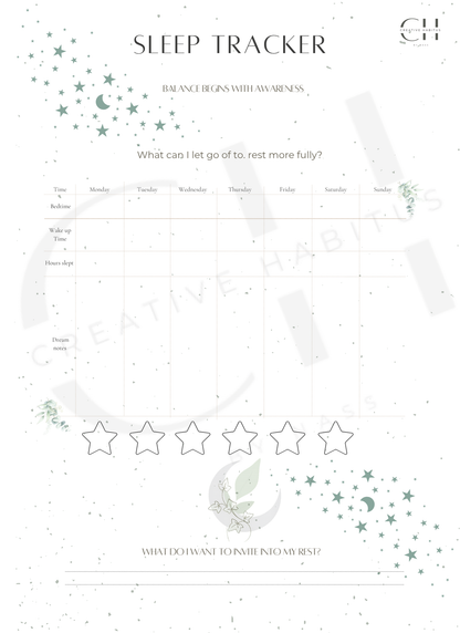 Sleep tracking worksheet with bedtime log, sleep quality rating, and prompts for restful rituals.