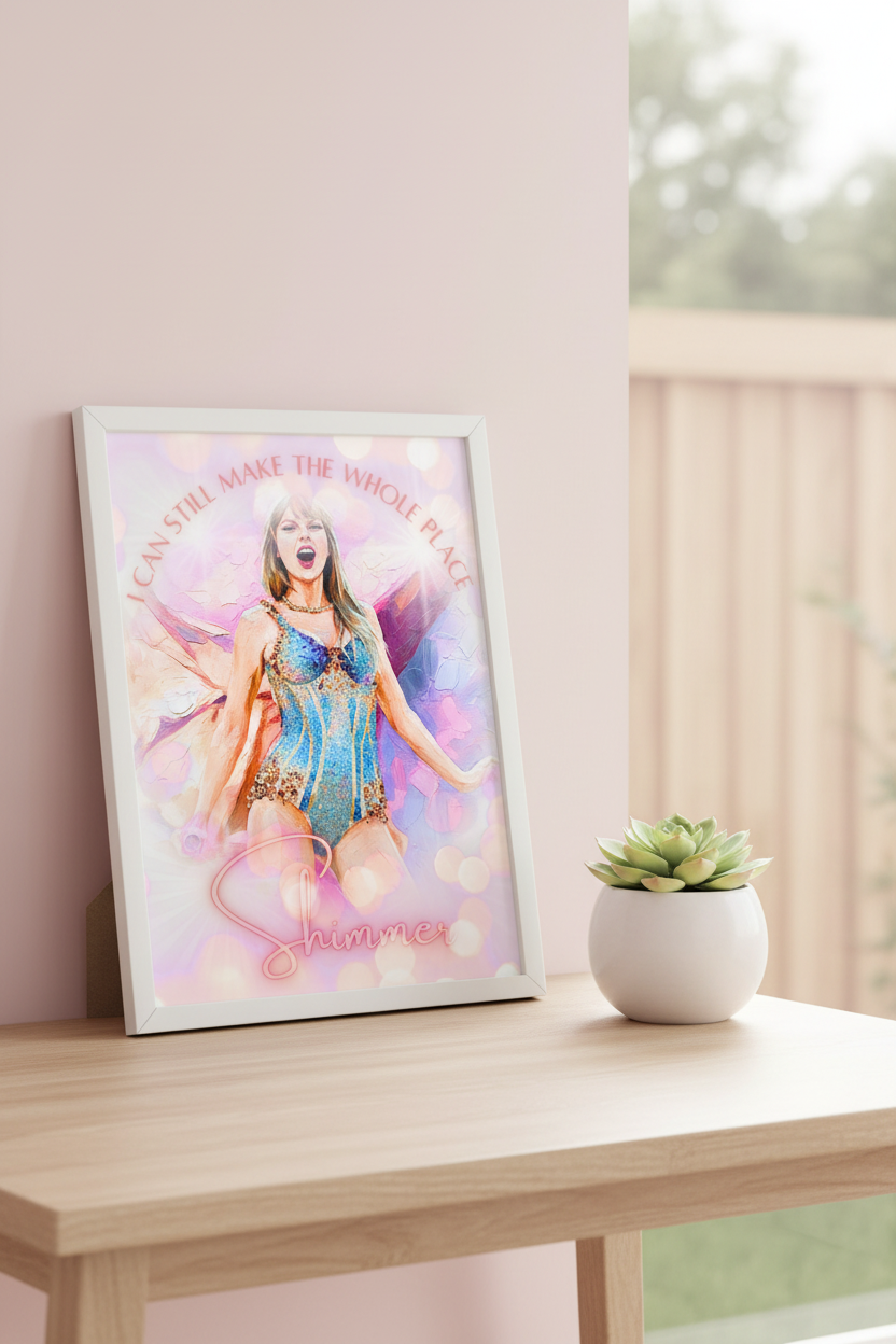 Person in a sparkling blue outfit with text on a colorful background