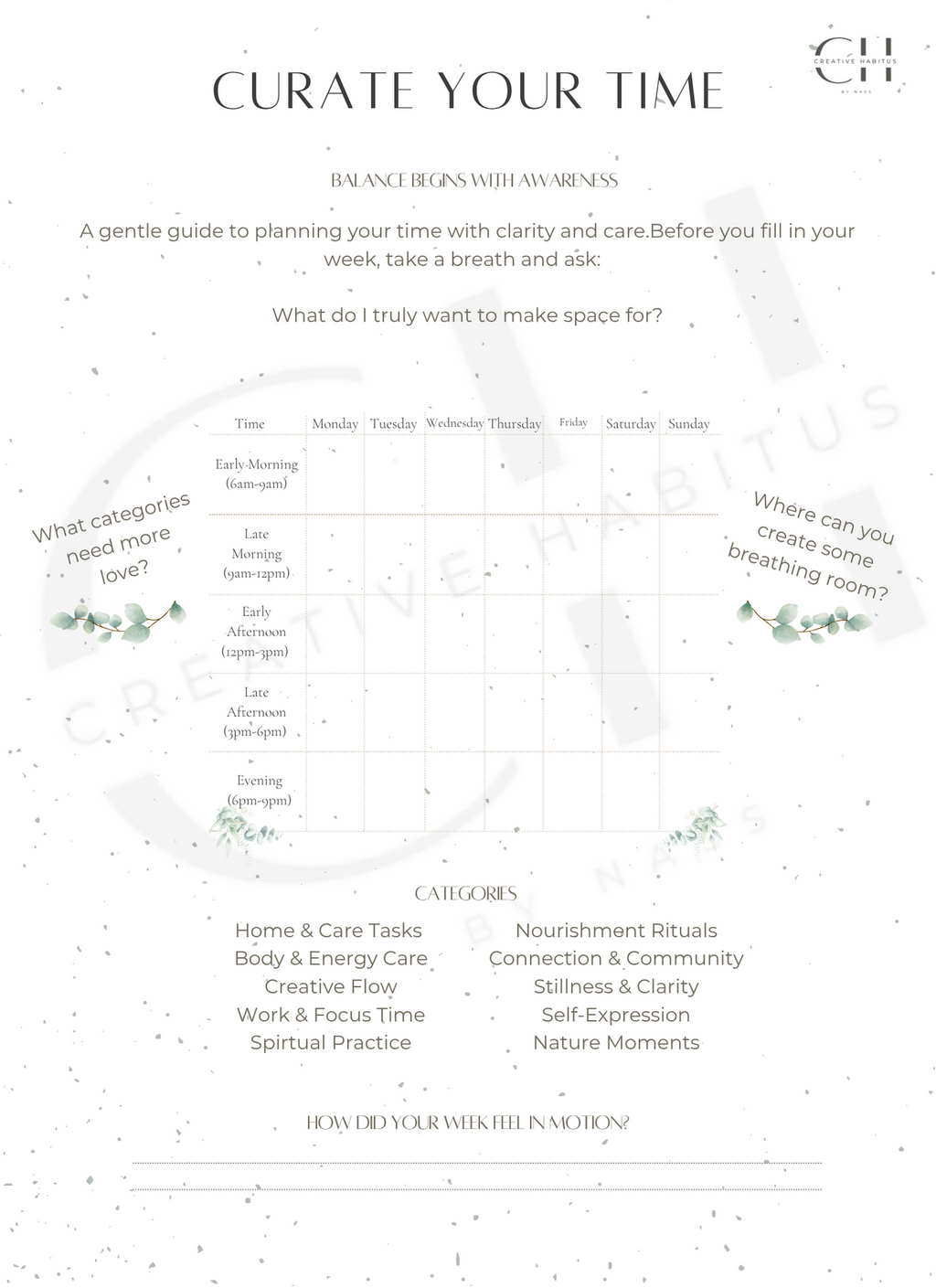 Gentle guide for planning time with categories and prompts on a white background