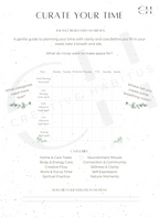 Gentle guide for planning time with categories and prompts on a white background