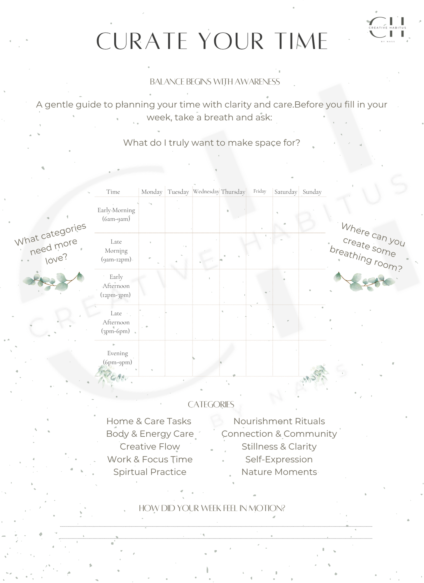 Gentle guide for planning time with categories and prompts on a white background