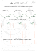 Weekly planning sheet with priority sections and space for goals and habits.