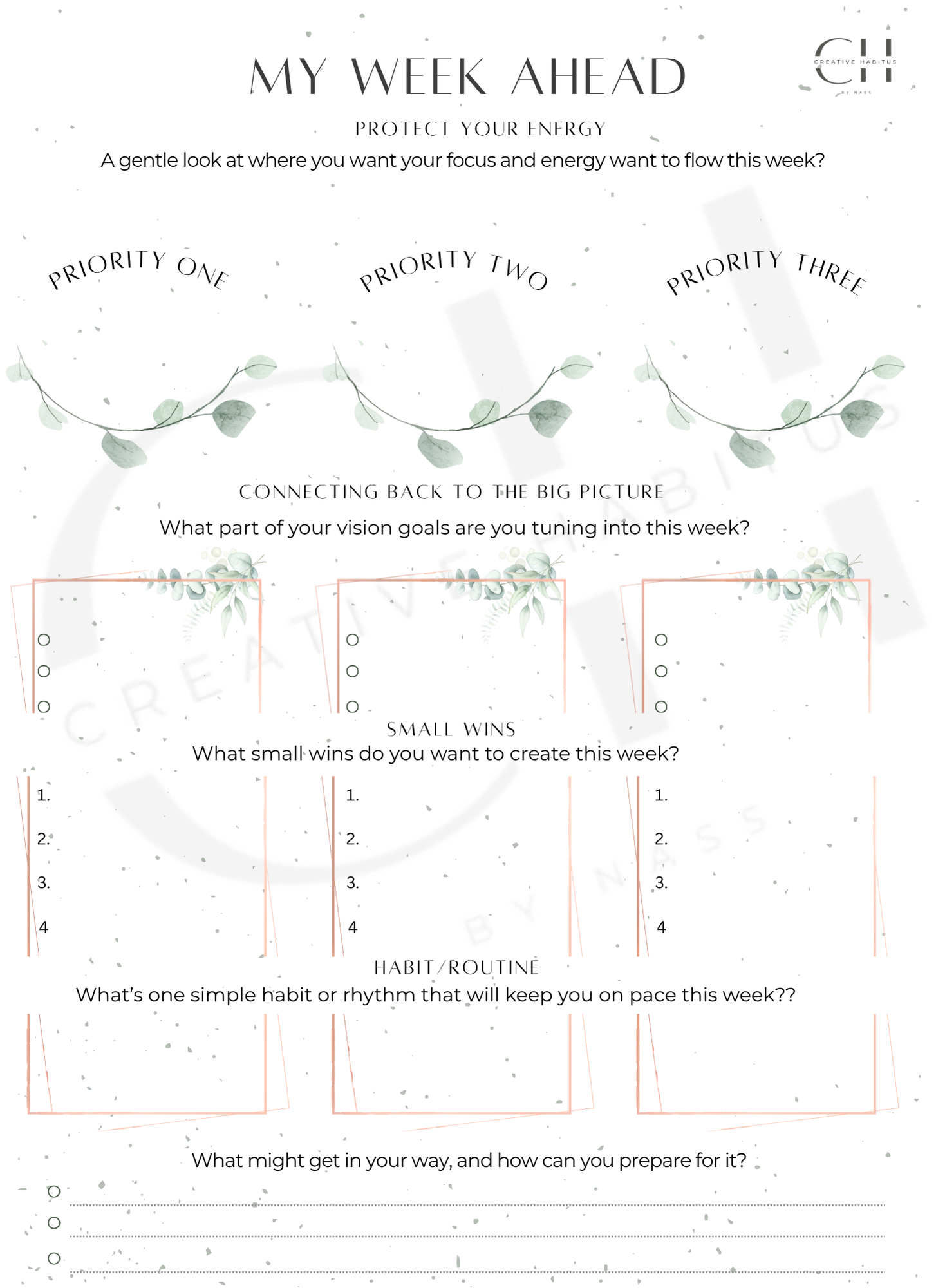 Weekly planning sheet with priority sections and space for goals and habits.