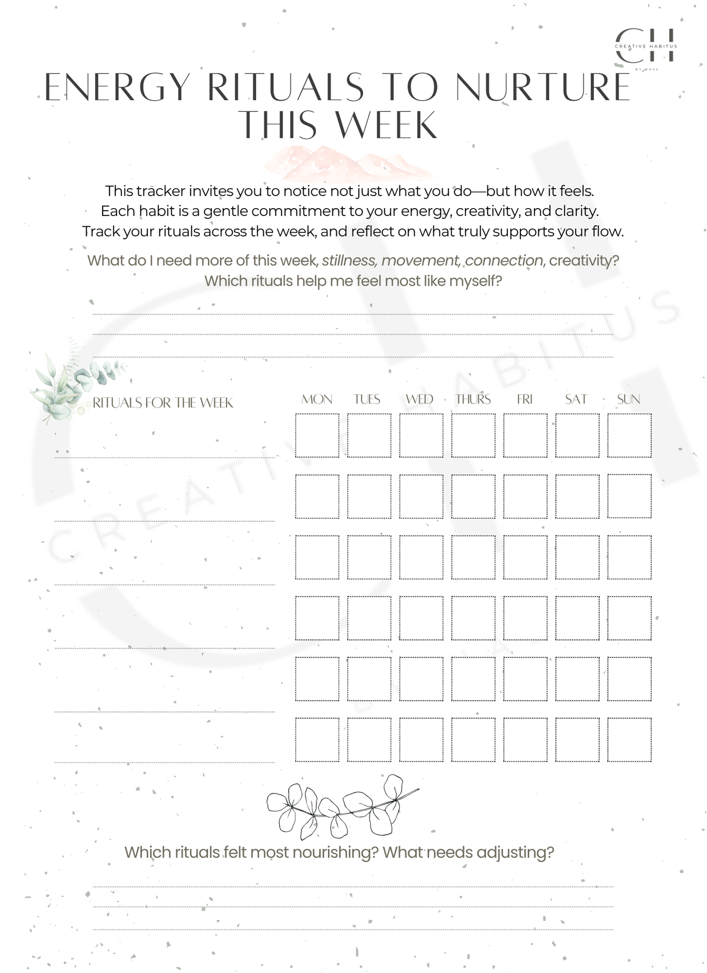 Tracker sheet for energy rituals with a minimalistic design and text prompts.