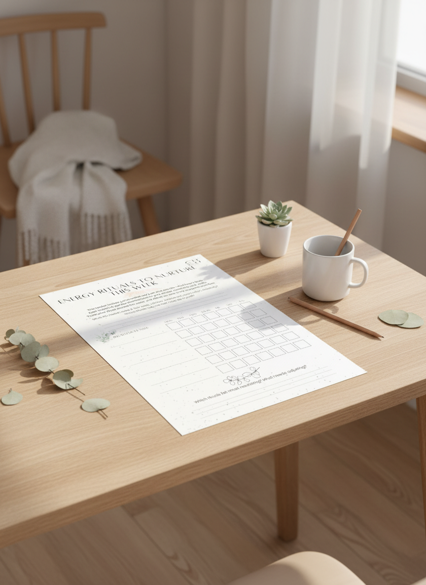 Tracker sheet for energy rituals with a minimalistic design and text prompts.