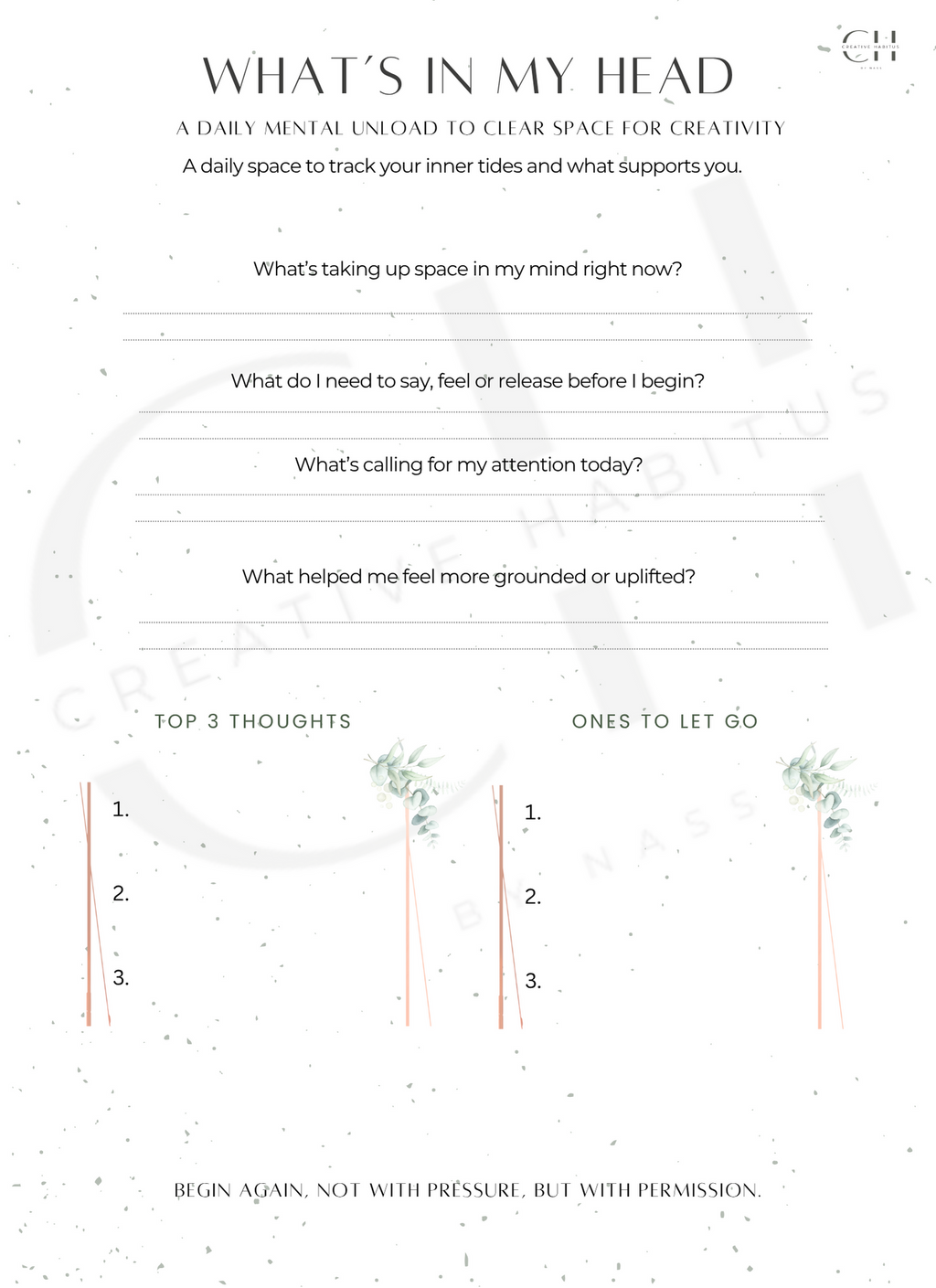 A daily mental unload worksheet to clear space for creativity, with prompts for emotional release and focus.