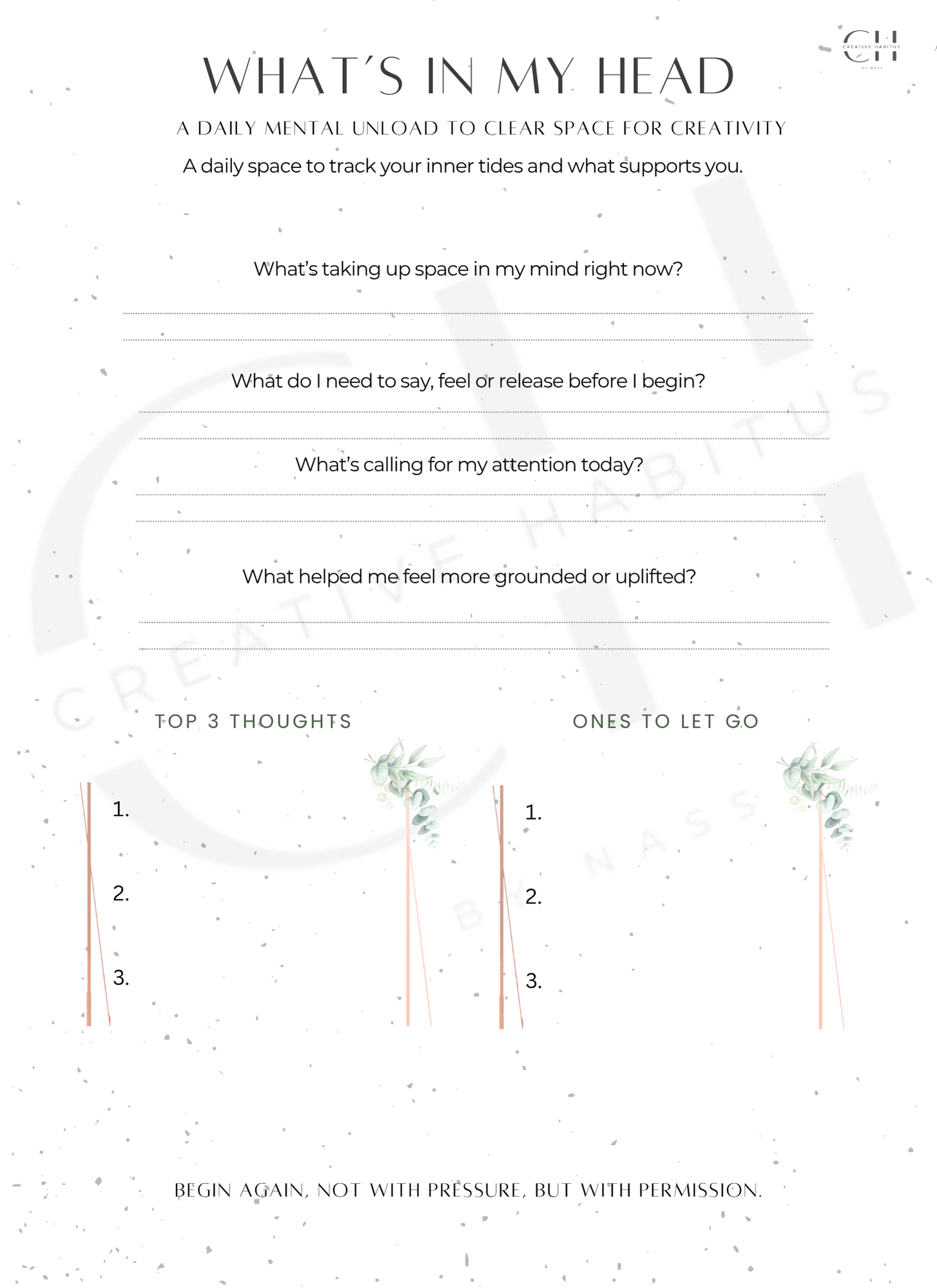 A daily mental unload worksheet to clear space for creativity, with prompts for emotional release and focus.